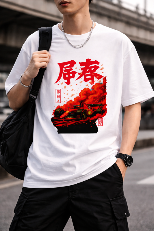 White Urban Streetwear T-Shirt with Racing Car